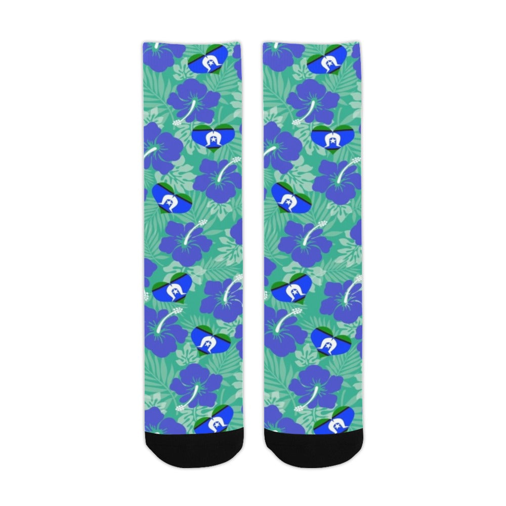 Hibiscus flowers with Torres Strait Heart Flag on Crew Socks (Made In AUS)