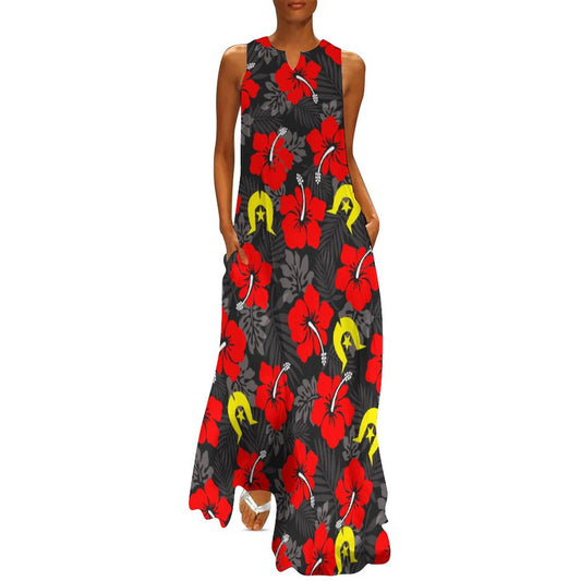 Royal Red Hibiscus with Yellow Dhari on Sleeveless Ankle-length Dress