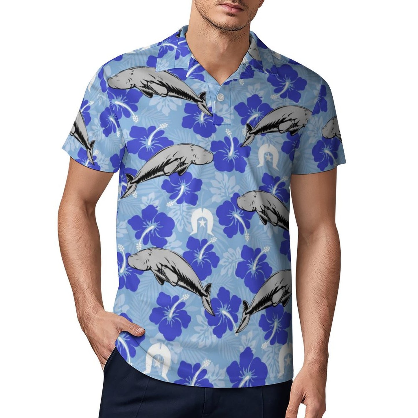 Hibiscus flowers with Dugong and Dhari (Sky blue) on Short Sleeve Men's POLO Shirt