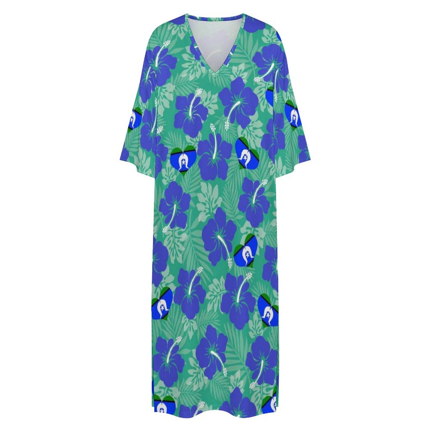Hibiscus flowers with Torres Strait flag on Mediterranean Style V Neck Mid-Sleeve Robe
