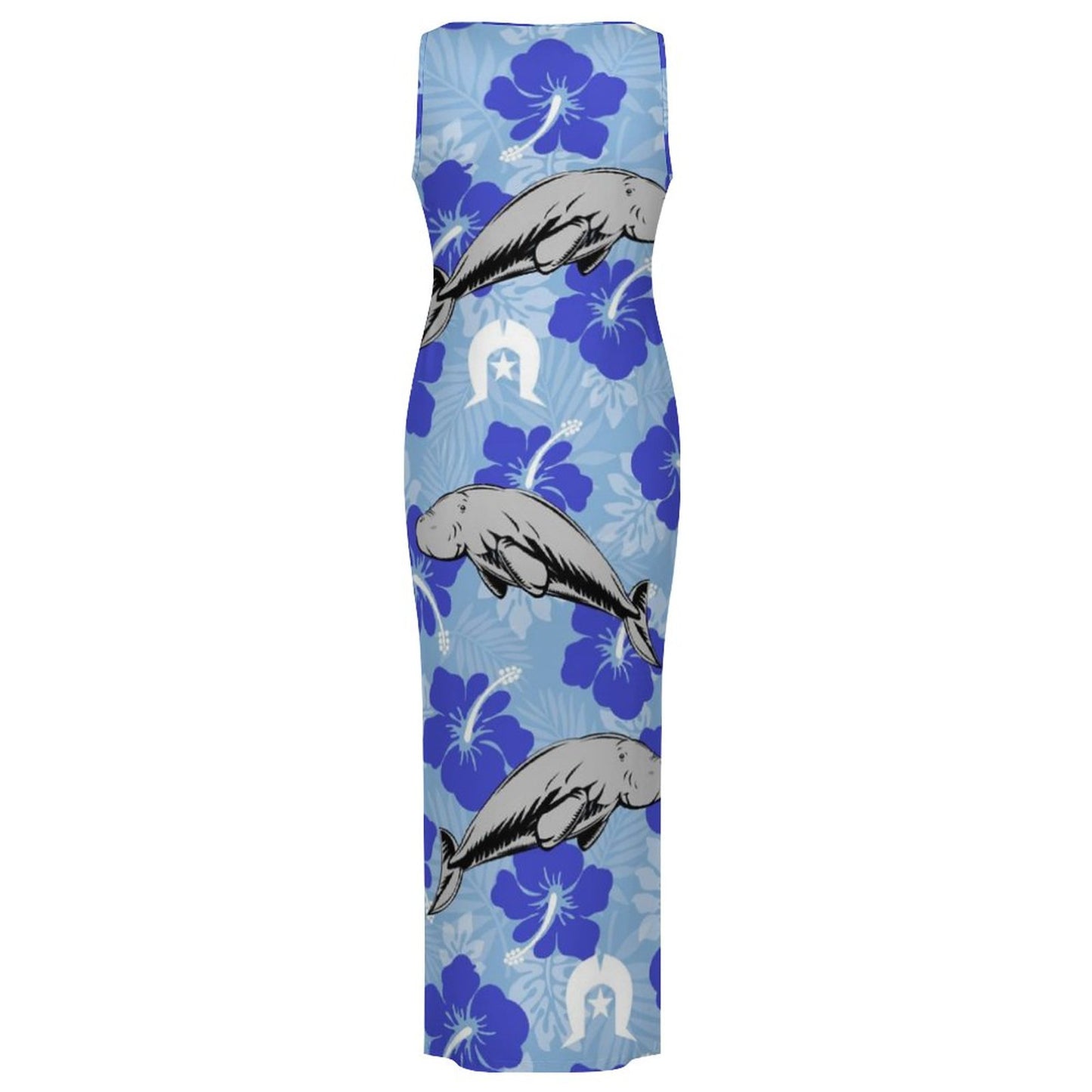 Hibiscus flowers with White Dhari and Dugong (Sky blue) on180gsm Slit Fitted Camisole Cheongsam