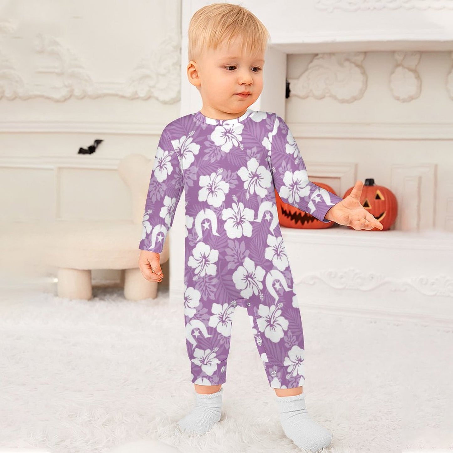 White Hibiscus and Dhari (Purple) on Baby Romper