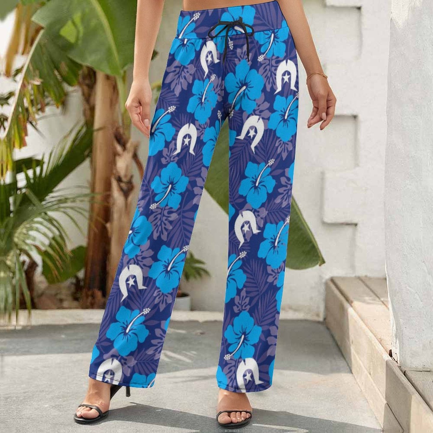 Hibiscus flowers with White Dhari (Royal blue) on Baggy Pants for Women