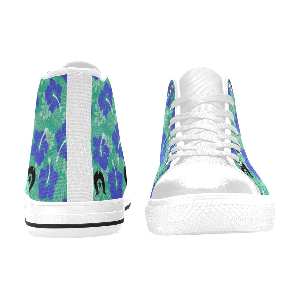 Royal Blue Hibiscus flowers with Black Dhari on Women's High Top Canvas Shoes