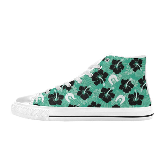 Black Hibiscus with White Dhari on Women's High Top Canvas Shoes