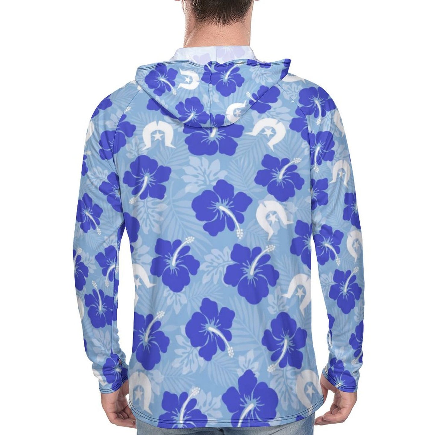 Hibiscus flowers with White Dhari (Sky blue) on Men's UPF 40+ Sun Protection Fishing Shirt