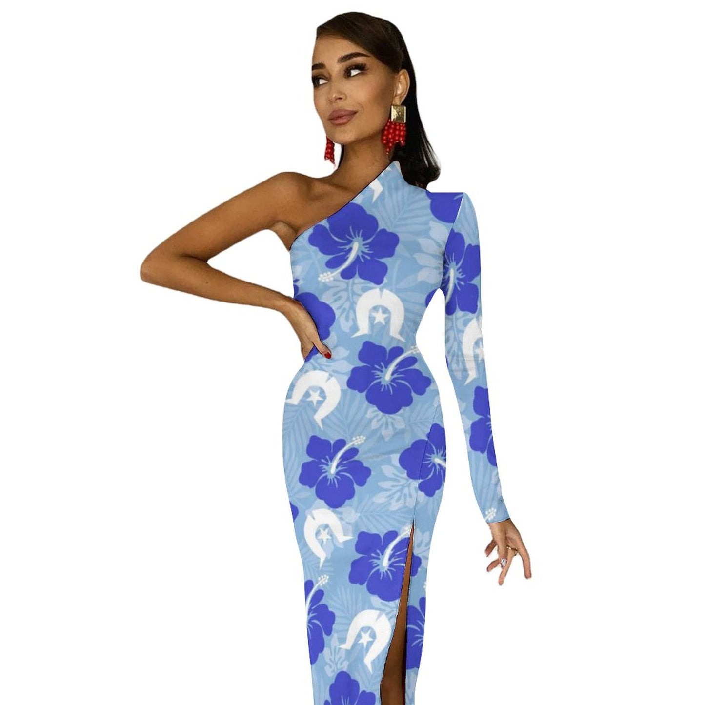 Hibiscus flowers with White Dhari (Sky blue) on One Shoulder Split Dress BIQ