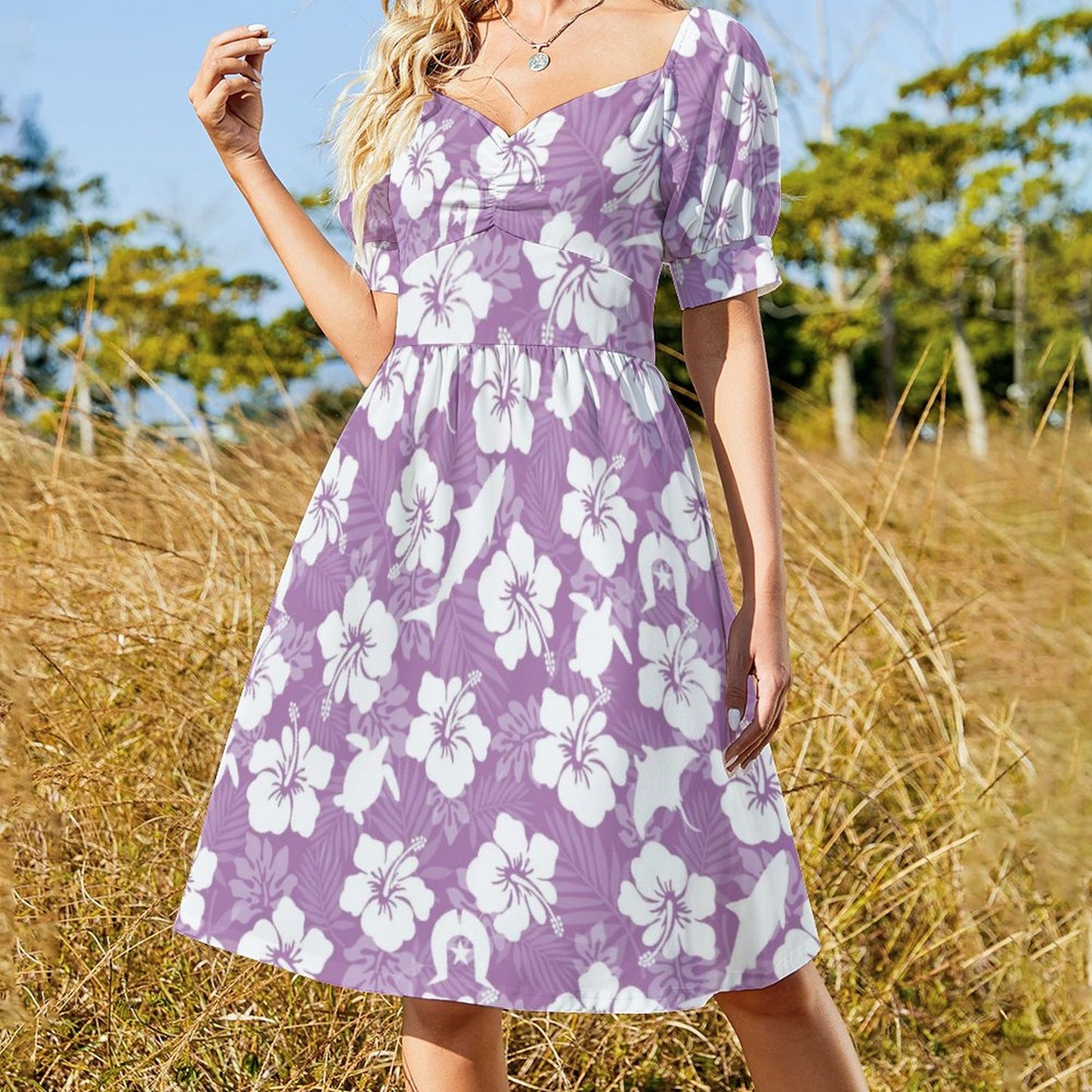 White hibiscus flowers with Dhari, Shark and Turtle (Purple) on Short Sleeve V Neck Lovely Dress