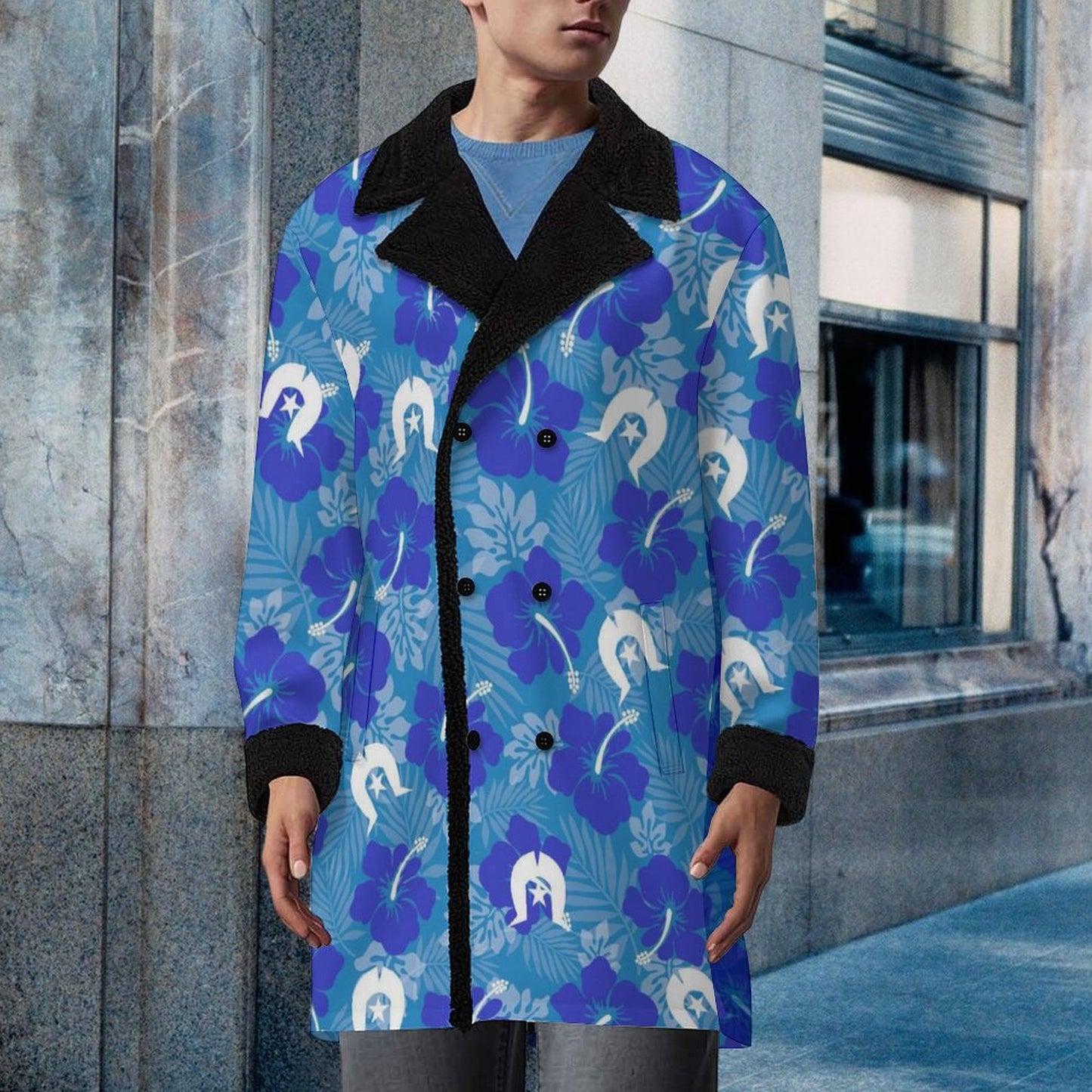 Hibiscus flowers with Dhari (Royal blue) on Men's Double Breasted Coat