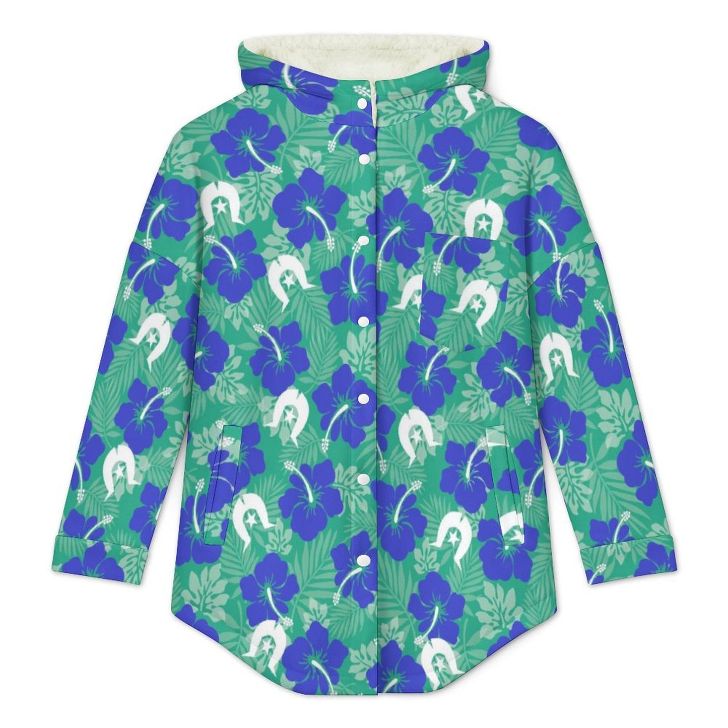 Blue Hibiscus flowers with Dhari on Women's Full Snap Fleece Jacket