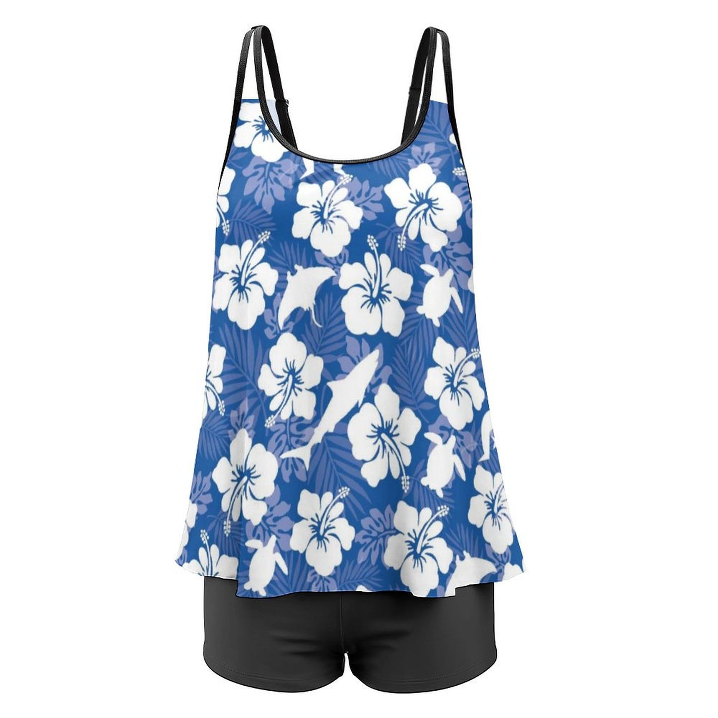 White hibiscus flowers with Dhari, Shark, turtle, and stingray on Tankini Two Piece Swimsuits