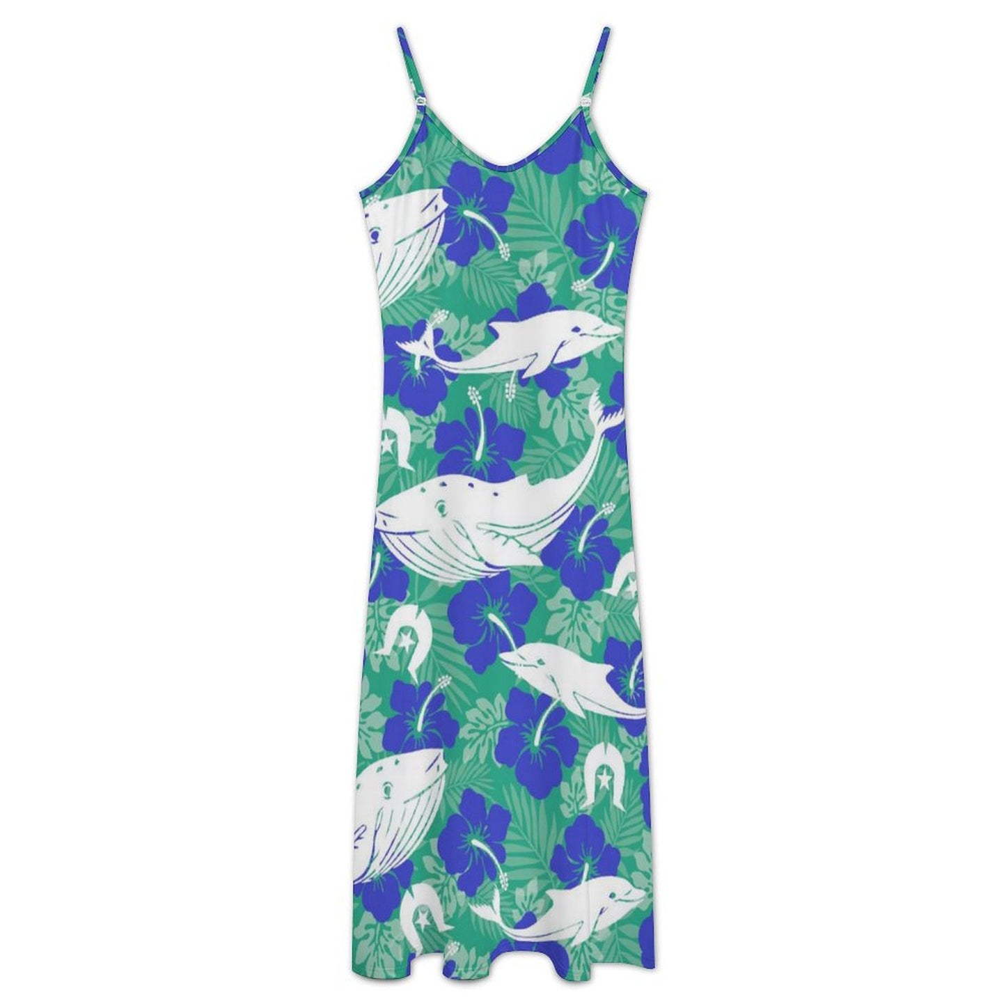 Royal Blue Hibiscus flowers with Whale, Dolphin and Dhari on Sleeveless Strappy Maxi Dress