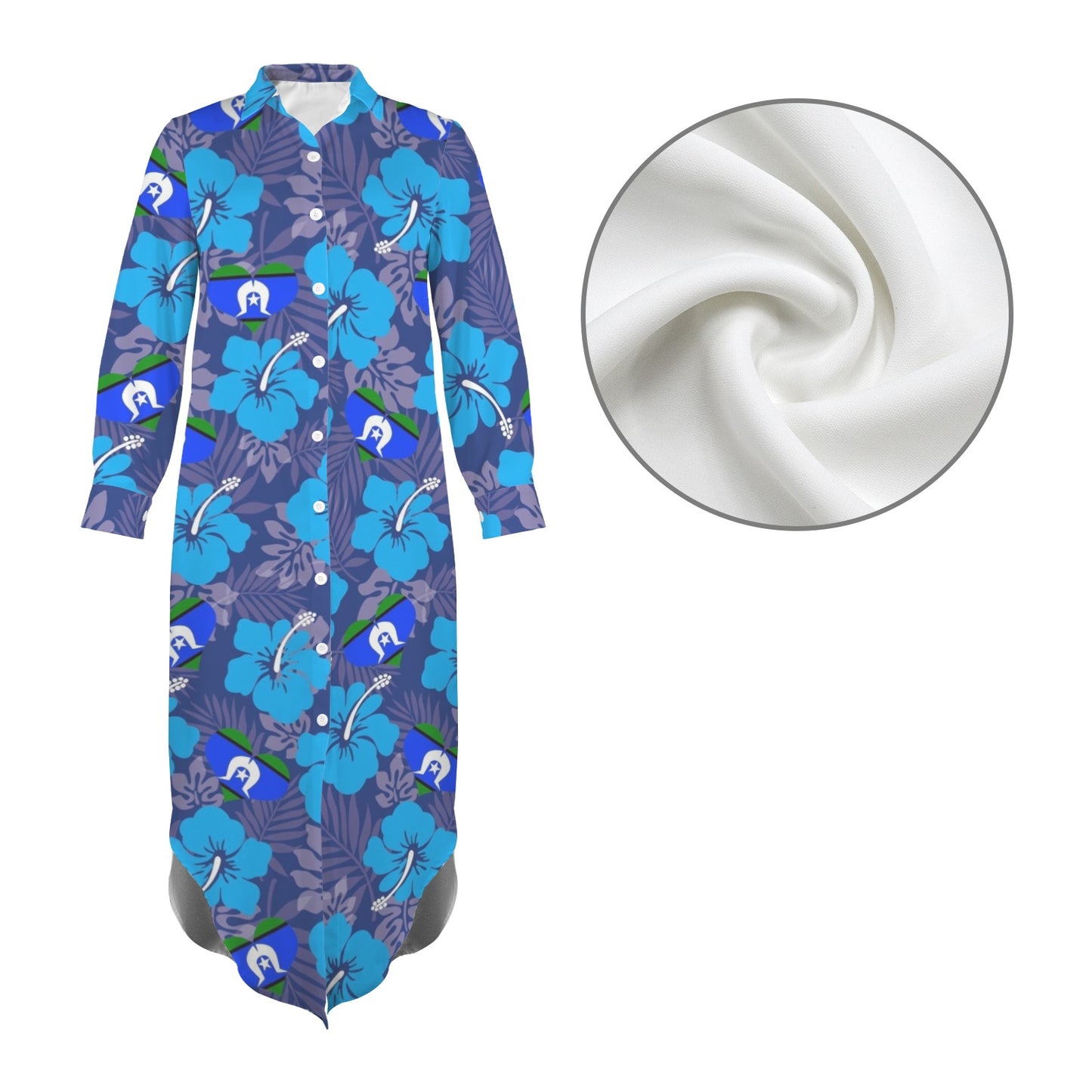 Hibiscus flowers with Torres Strait Heart Flag (Royal Blue) on Button Long Sleeve Shirt Dress
