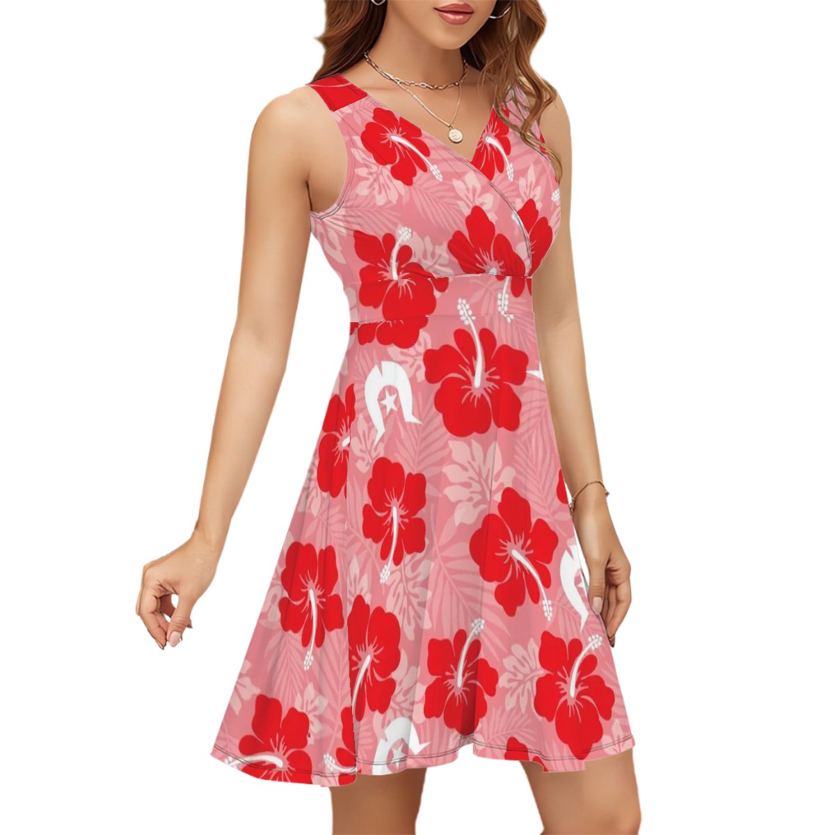 Hibiscus flowers with Dhari (Royal Pink) on Sleeveless V Neck Dress