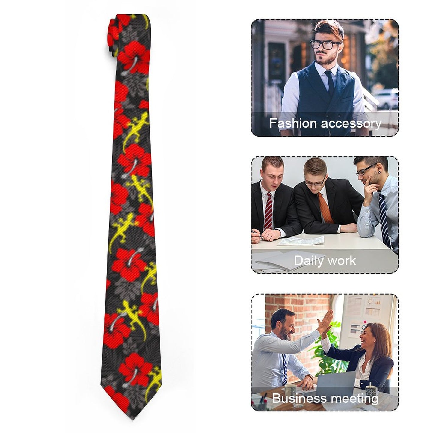 Royal Red Hibiscus flowers with Gecko on Men's Formal Tie