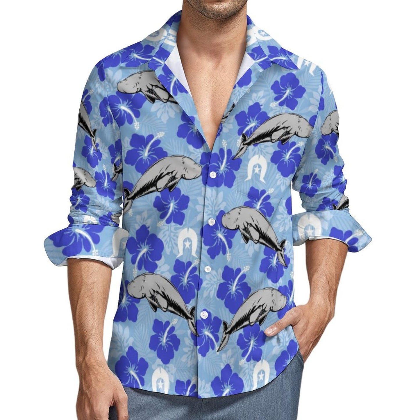 Hibiscus flowers with Dugong and Dhari (Sky blue) on Men Long Sleeve Shirt