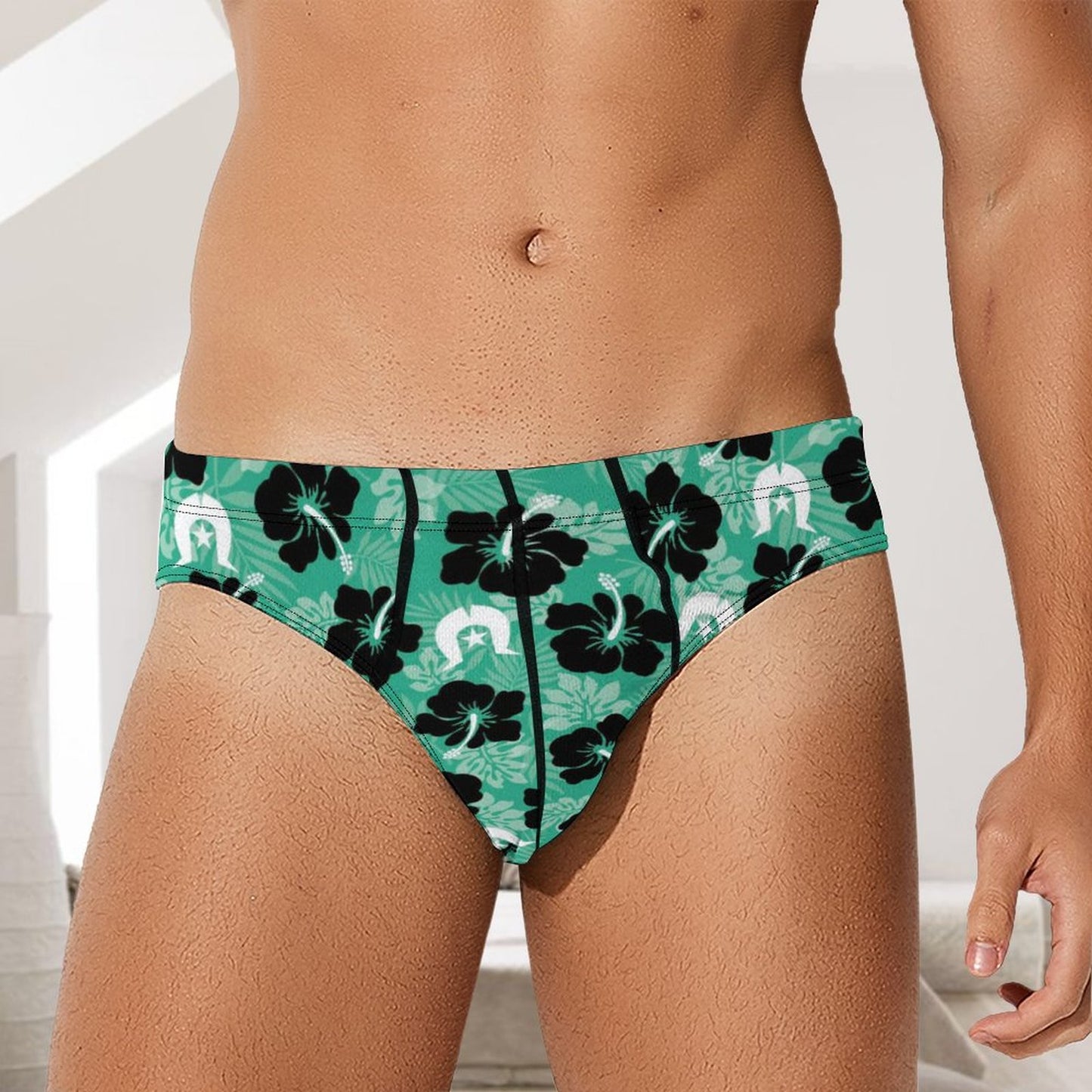 Black Hibiscus with White Dhari on Milk Silk Men's Briefs
