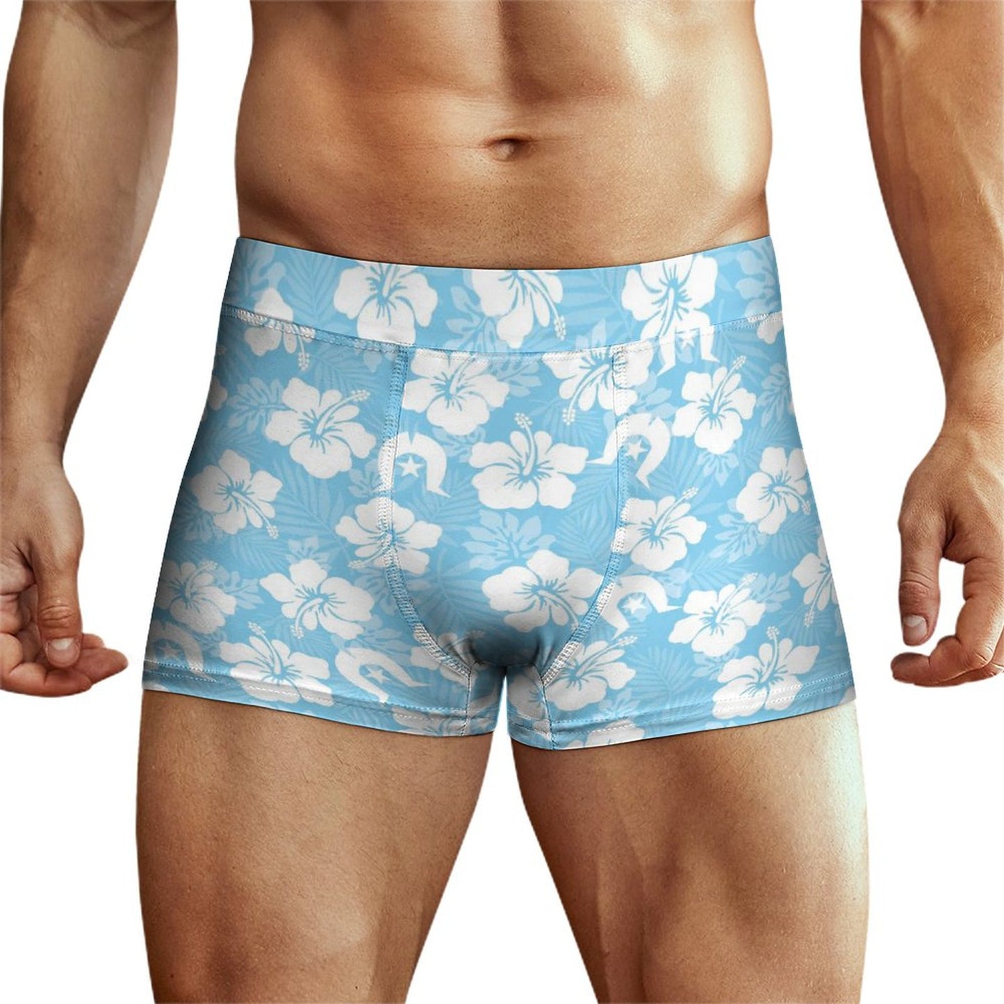 White hibiscus and Dhari (Blue) on Milk Fiber Boxer Shorts for Men
