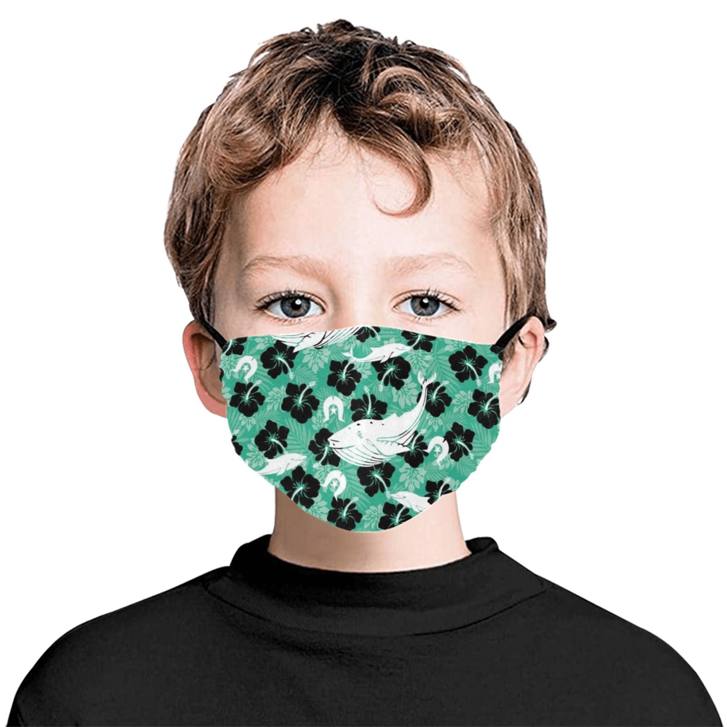 Black Hibiscus with Whale, Dolphin and Dhari on Cotton Facemask with Adjustable Strip (ModelM07) (Made In AUS)