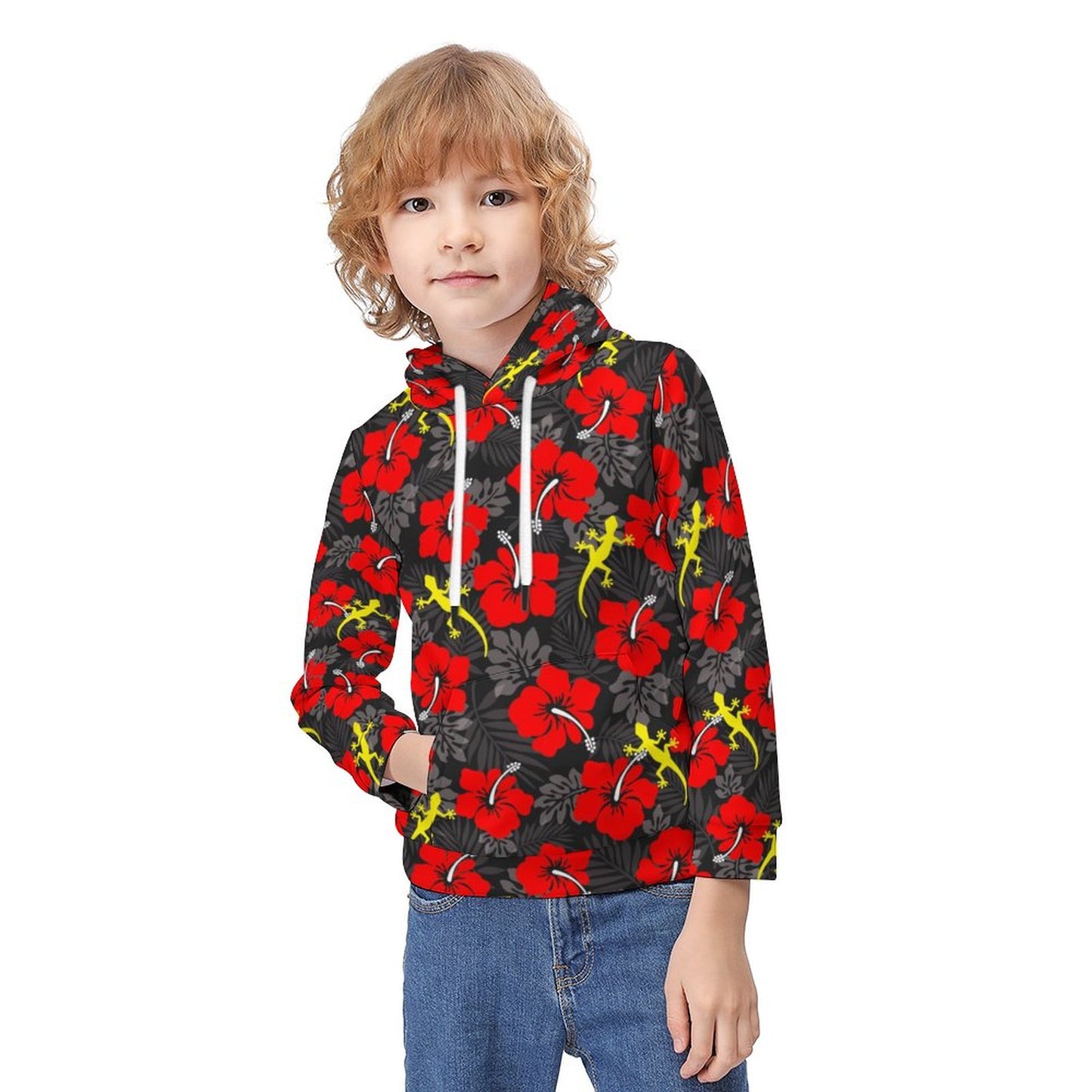 Royal Red Hibiscus flowers with Gecko on Children's Hoodie