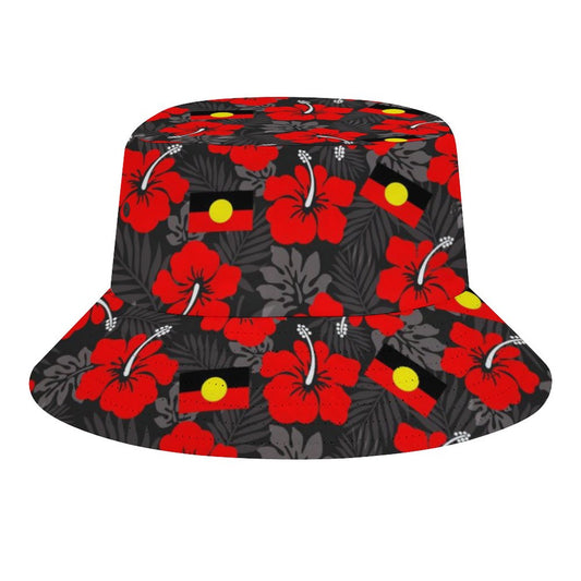Hibiscus flowers with Aboriginal Flag on Bucket Hat
