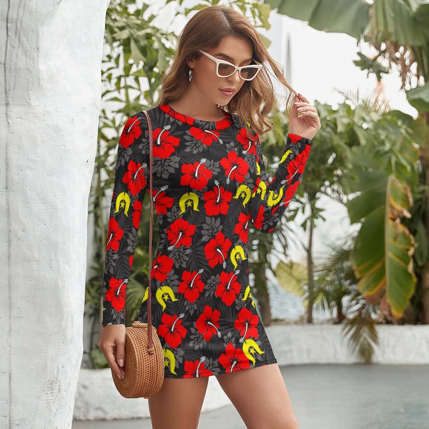 Royal Red Hibiscus with Yellow Dhari on Long Sleeve Dress