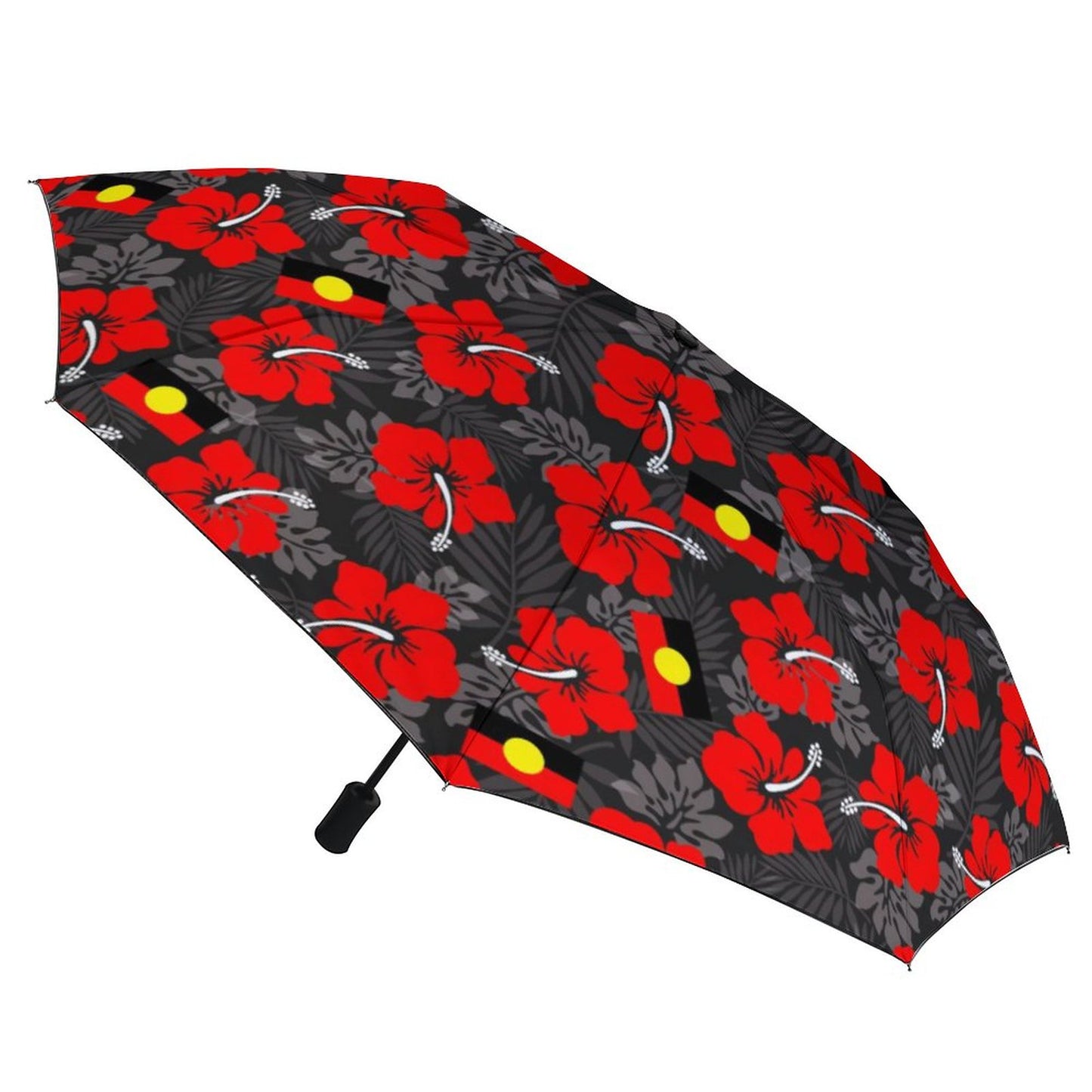 Red Hibiscus with Aboriginal flag on Tri-fold Automatic Umbrella