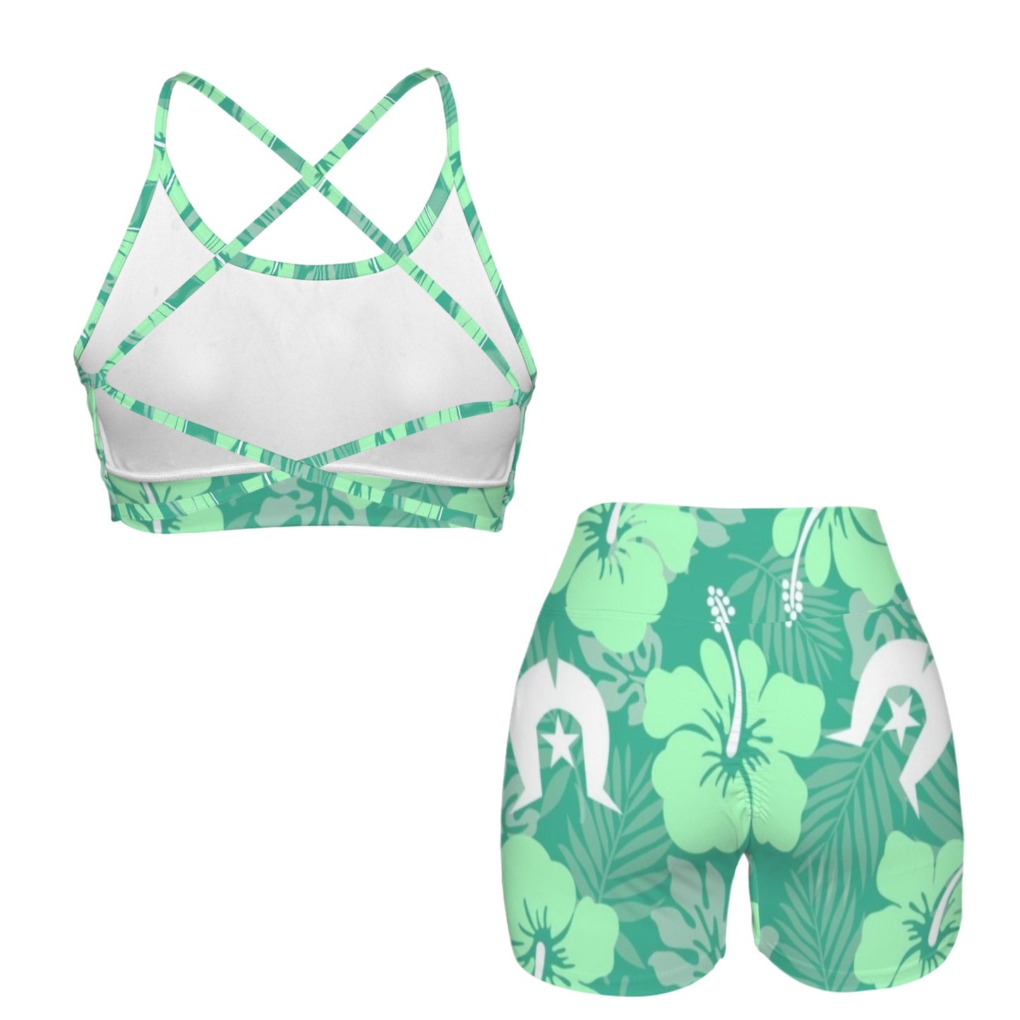 Hibiscus flowers with Dhari (Royal mint) on Cross Back String Sports Bra & High Waist Shorts Active Sets