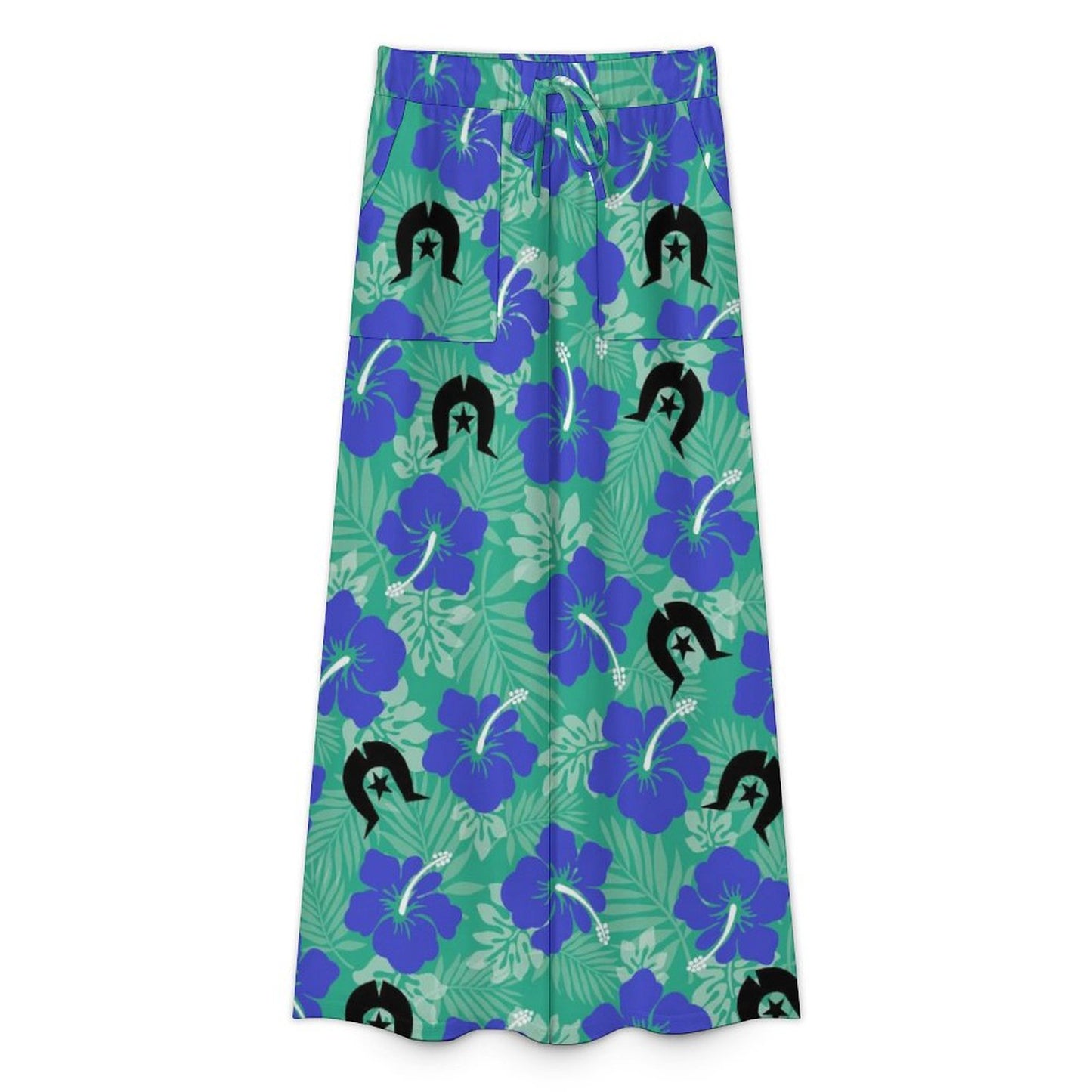 Royal Blue Hibiscus flowers with Black Dhari on Women’s Wide-Leg Pants