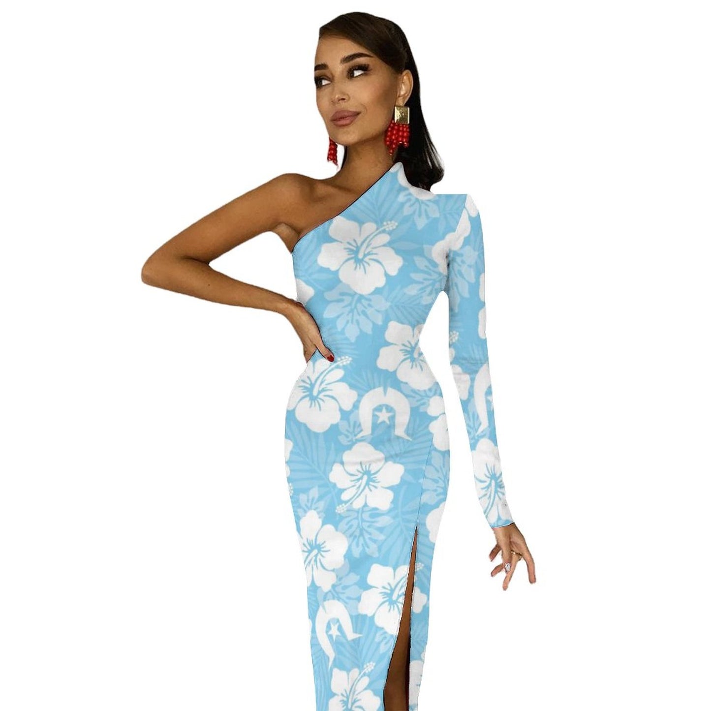 White Hibiscus and Dhari (blue) on One Shoulder Split Dress BIQ