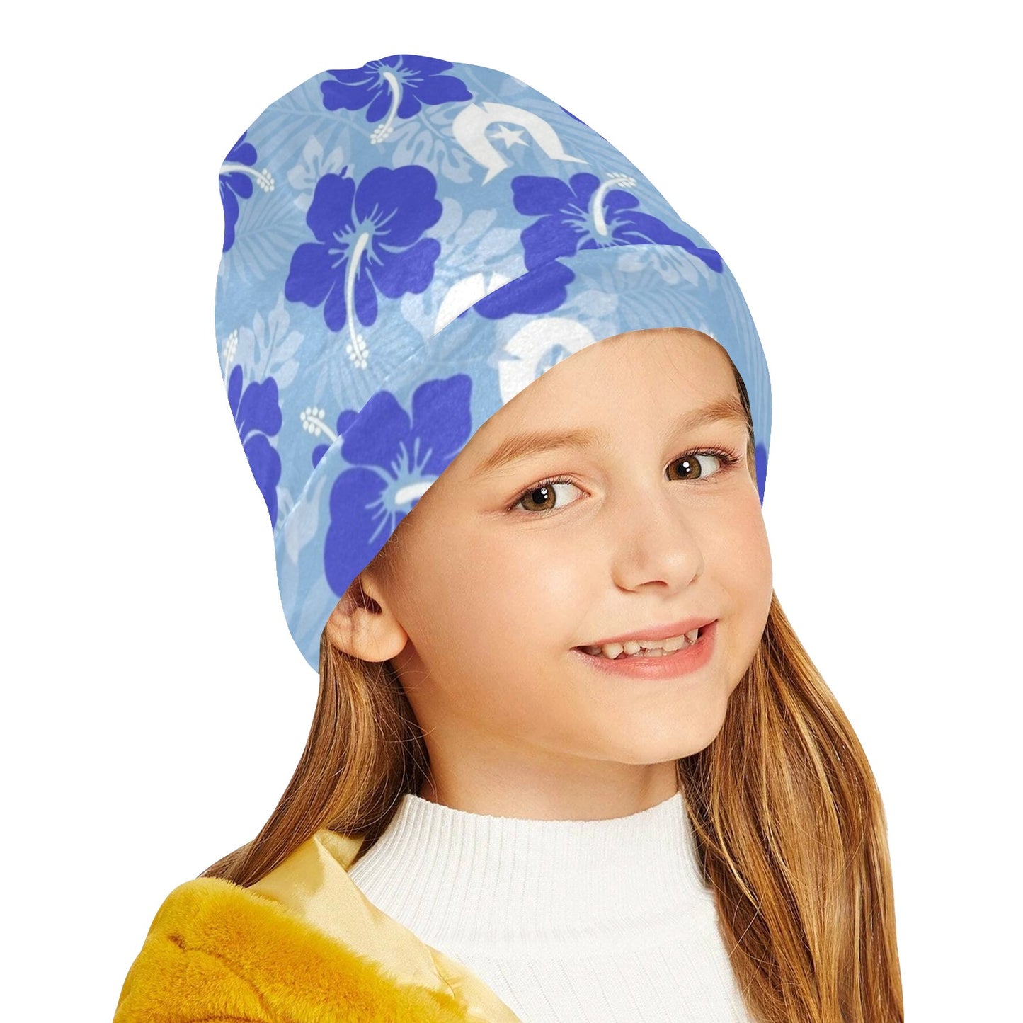 Hibiscus flowers with White Dhari (Sky blue) on Beanie for Kids