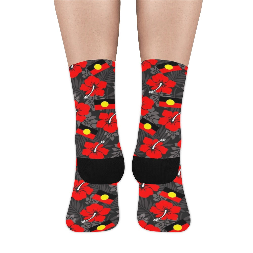 Royal Red Hibiscus and Aboriginal flag on Crew Socks (Made In AUS)