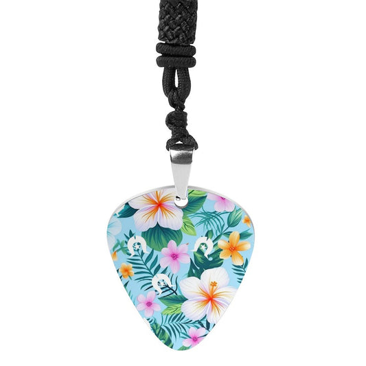 Pink Hibiscus flowers with White Dhari on Trendy Guitar Pick Necklace