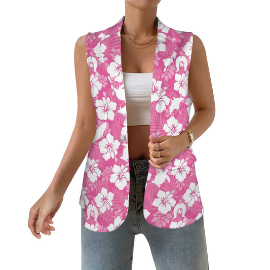 White hibiscus flowers with Dhari, Shark, turtle, and stingray (Pink) on Women Sleeveless Suit Vest