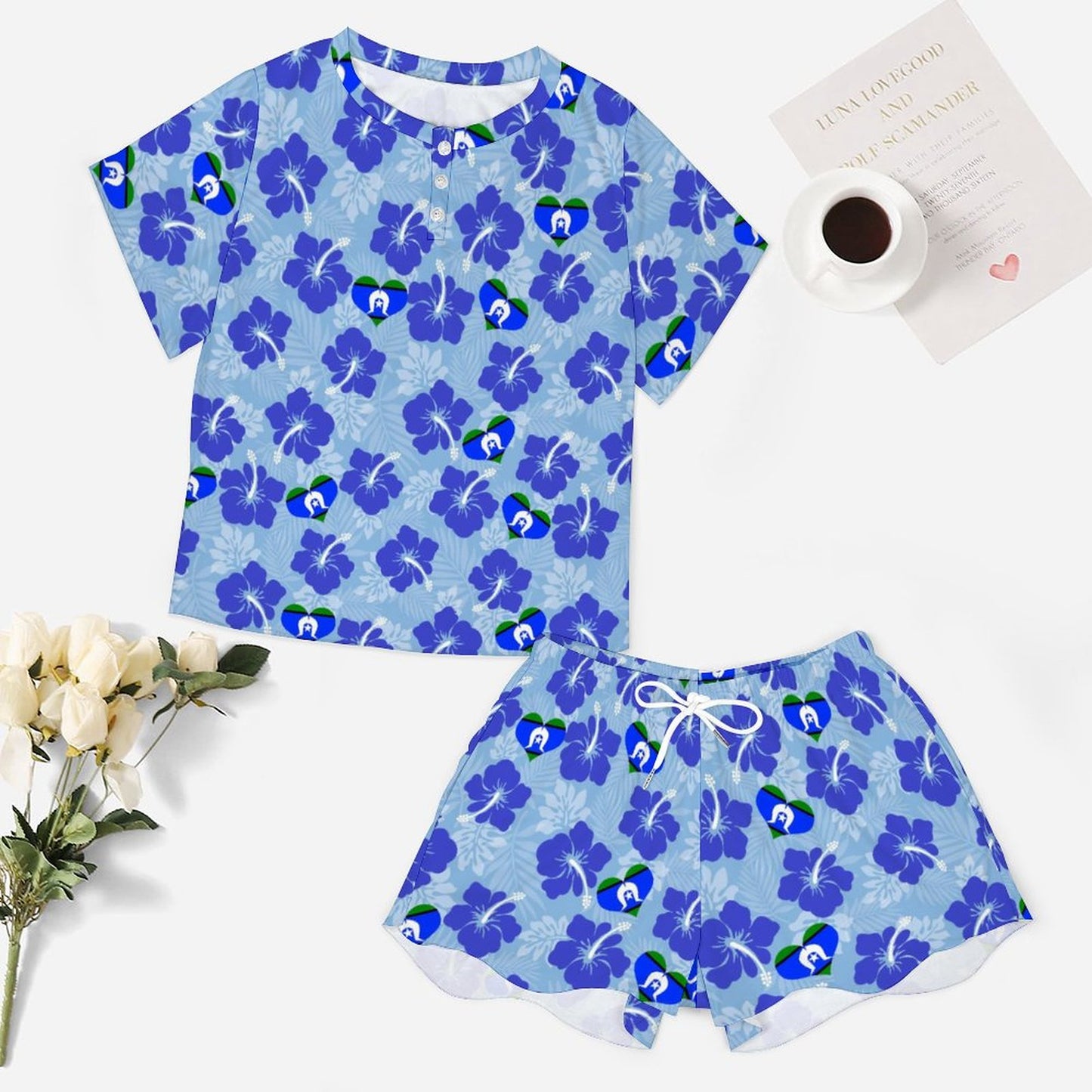 Blue Hibiscus flowers with Torres Strait Heart Flag on Short Sleeve Loungewear Set