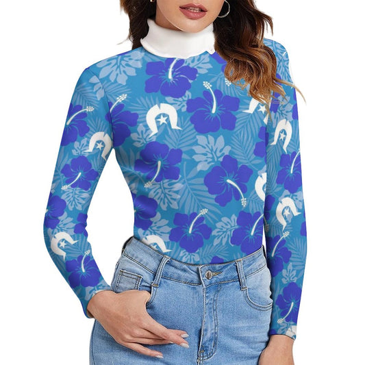 Hibiscus flowers with Dhari (Royal blue) on Women Long Sleeve Turtleneck Sweater