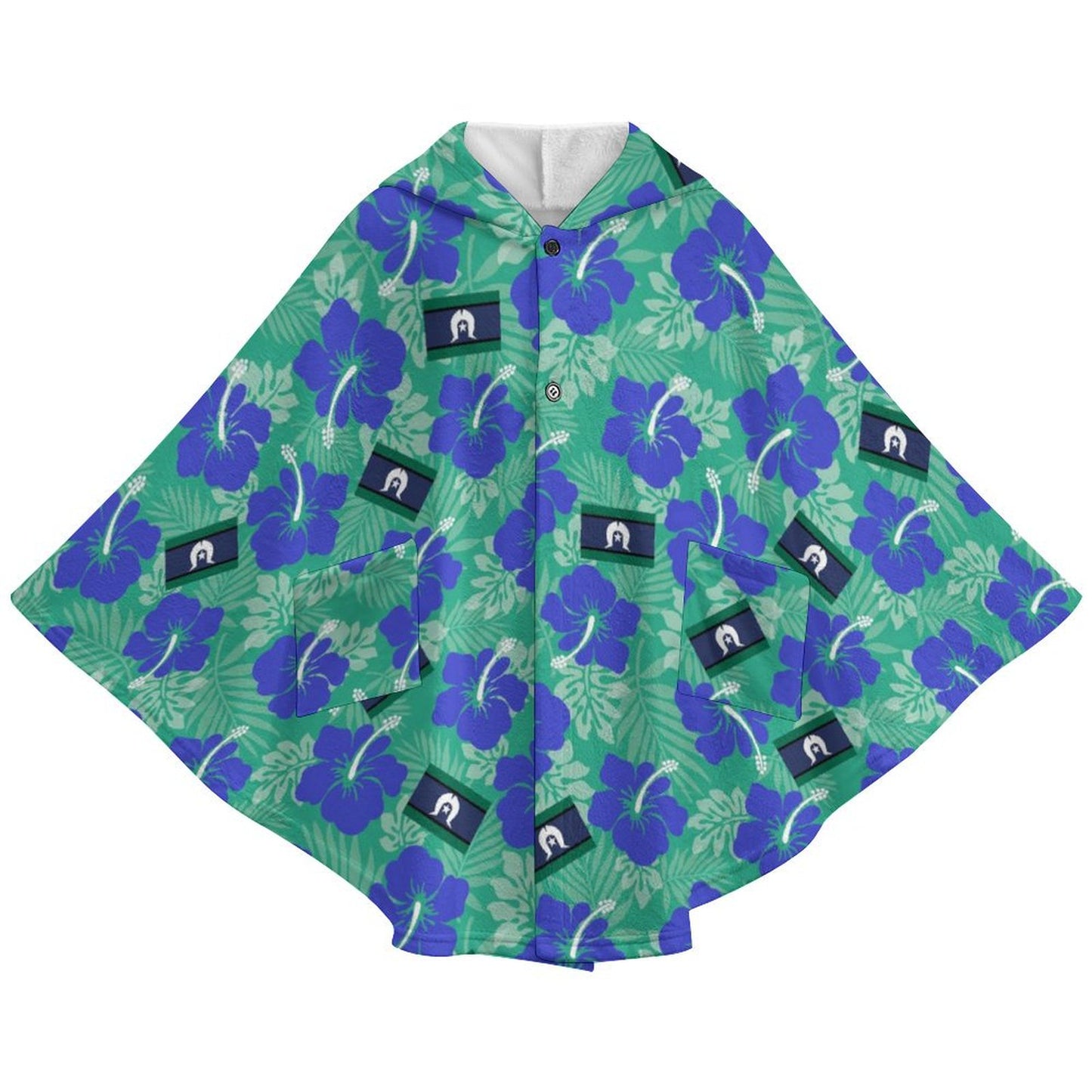 Hibiscus flowers with Torres Strait Flag on Fleece Hooded Cape for Adults