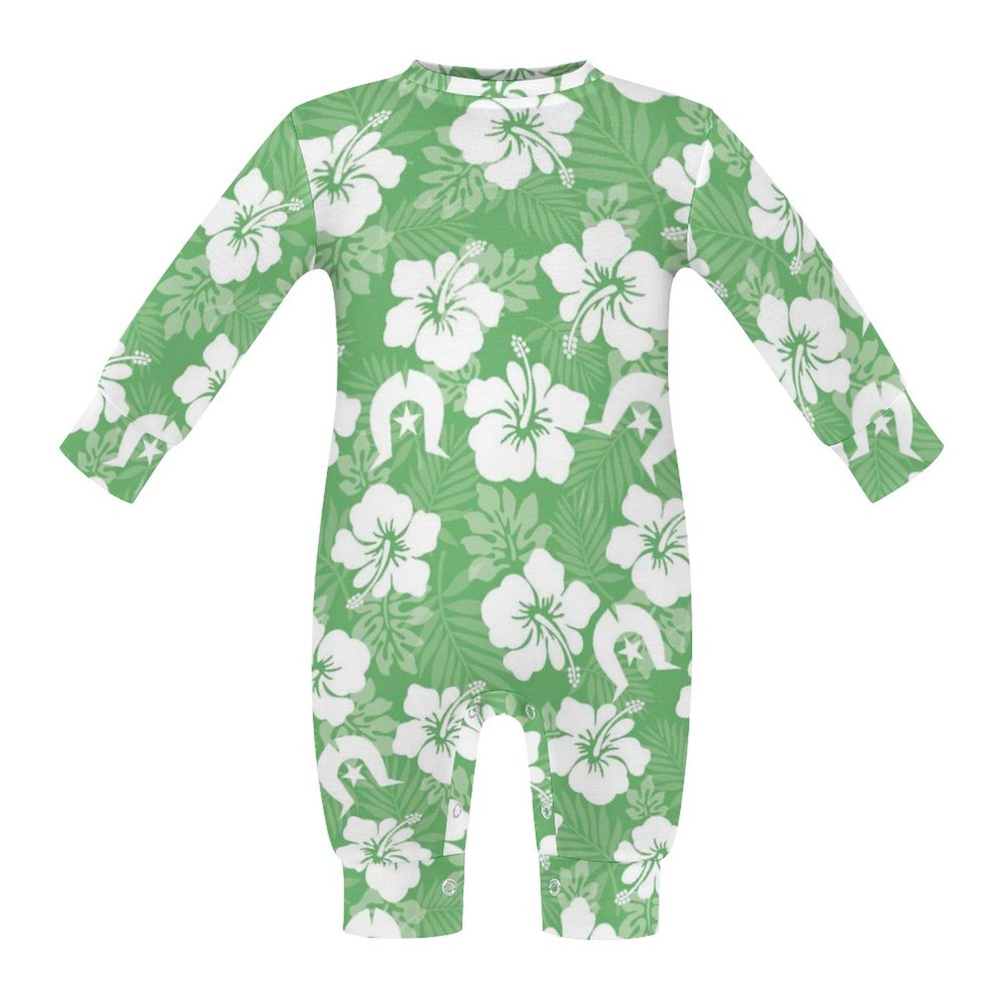 White Hibiscus flowers with Dhari (Green) on Baby Romper QLR (All-Over Printing)