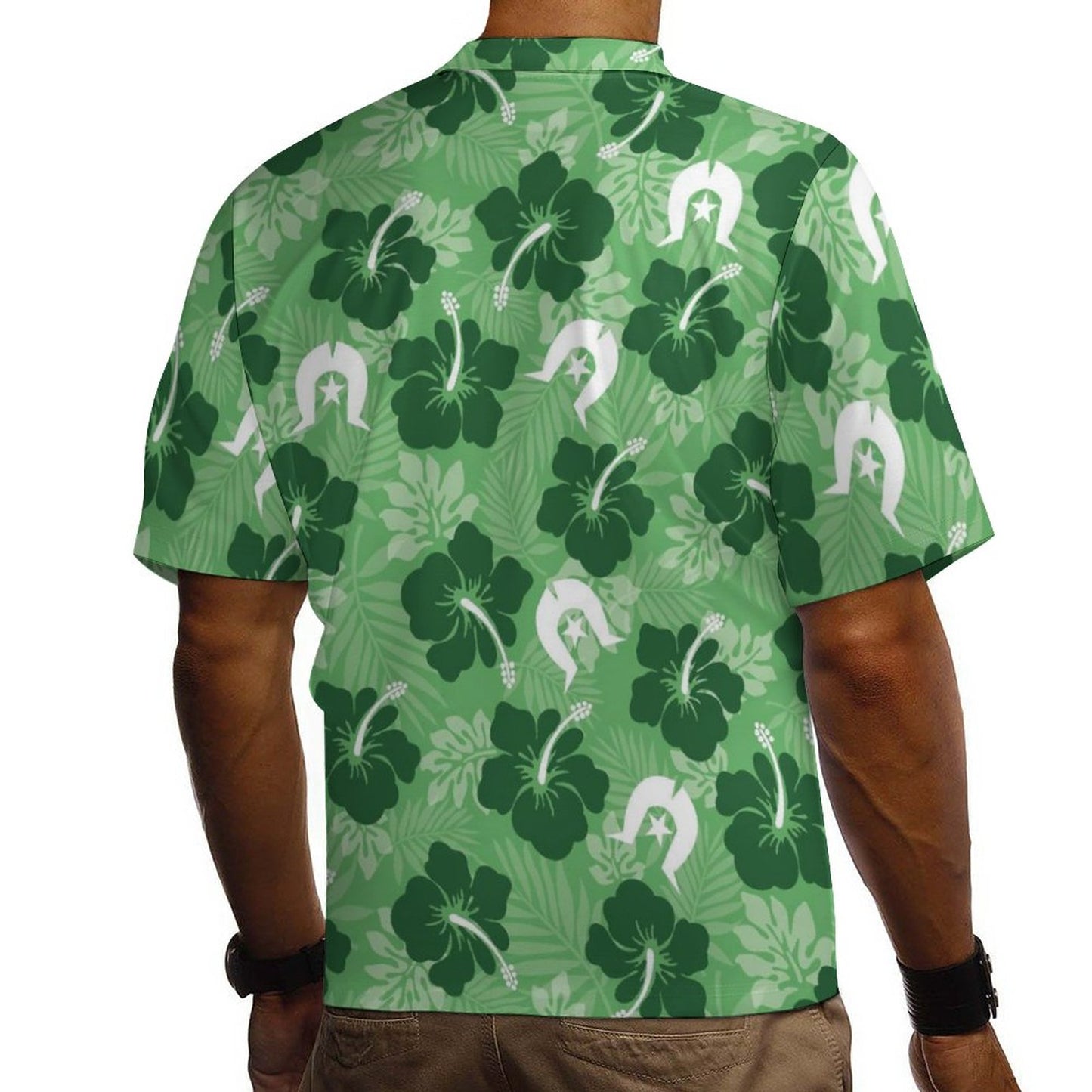Hibiscus flowers with White Dhari (Sea Grass Green) on Cotton Men's Cuban Collar Short-Sleeve Shirt