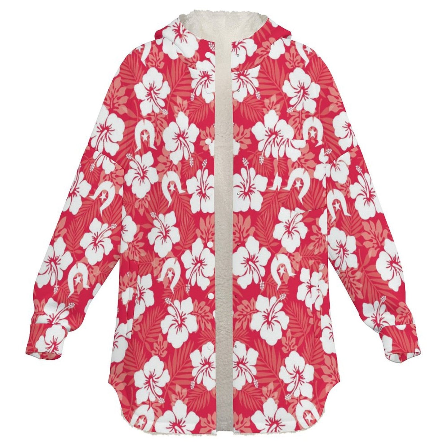 White Hibiscus flowers with Dhari (Red) on Women's Full Snap Fleece Jacket