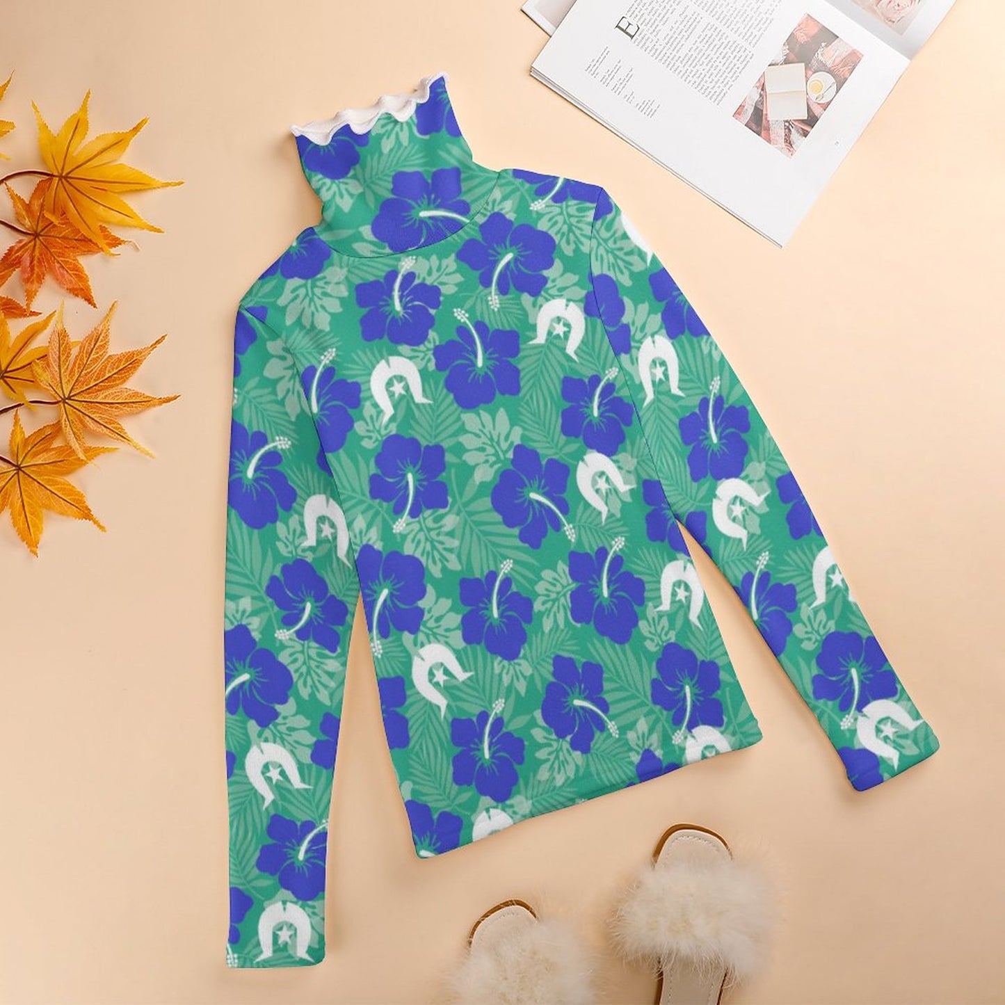 Royal Blue Hibiscus flowers with Dhari on Women Long Sleeve Turtleneck Sweater