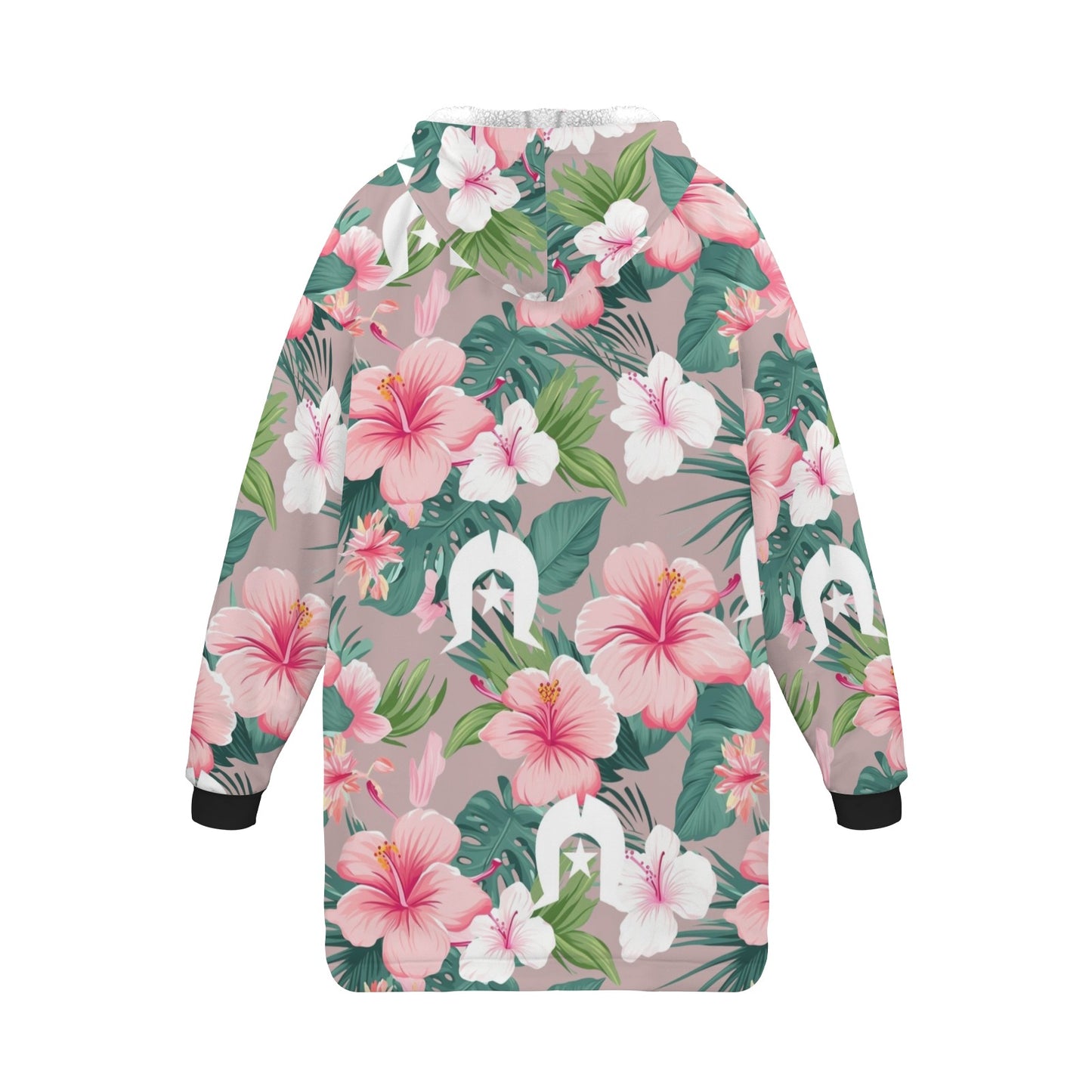 Pink Hibiscus flowers with White Dhari on Blanket Hoodie for Big Kids
