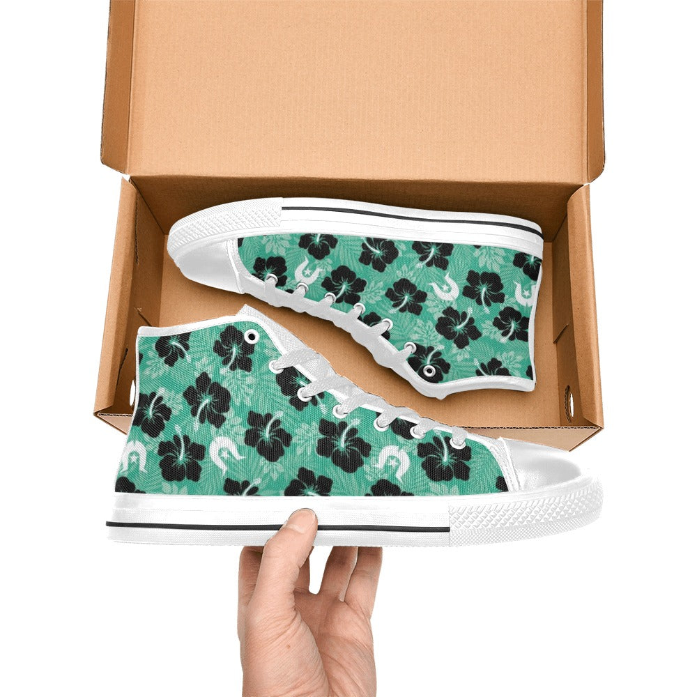 Black Hibiscus with White Dhari on Women's High Top Canvas Shoes