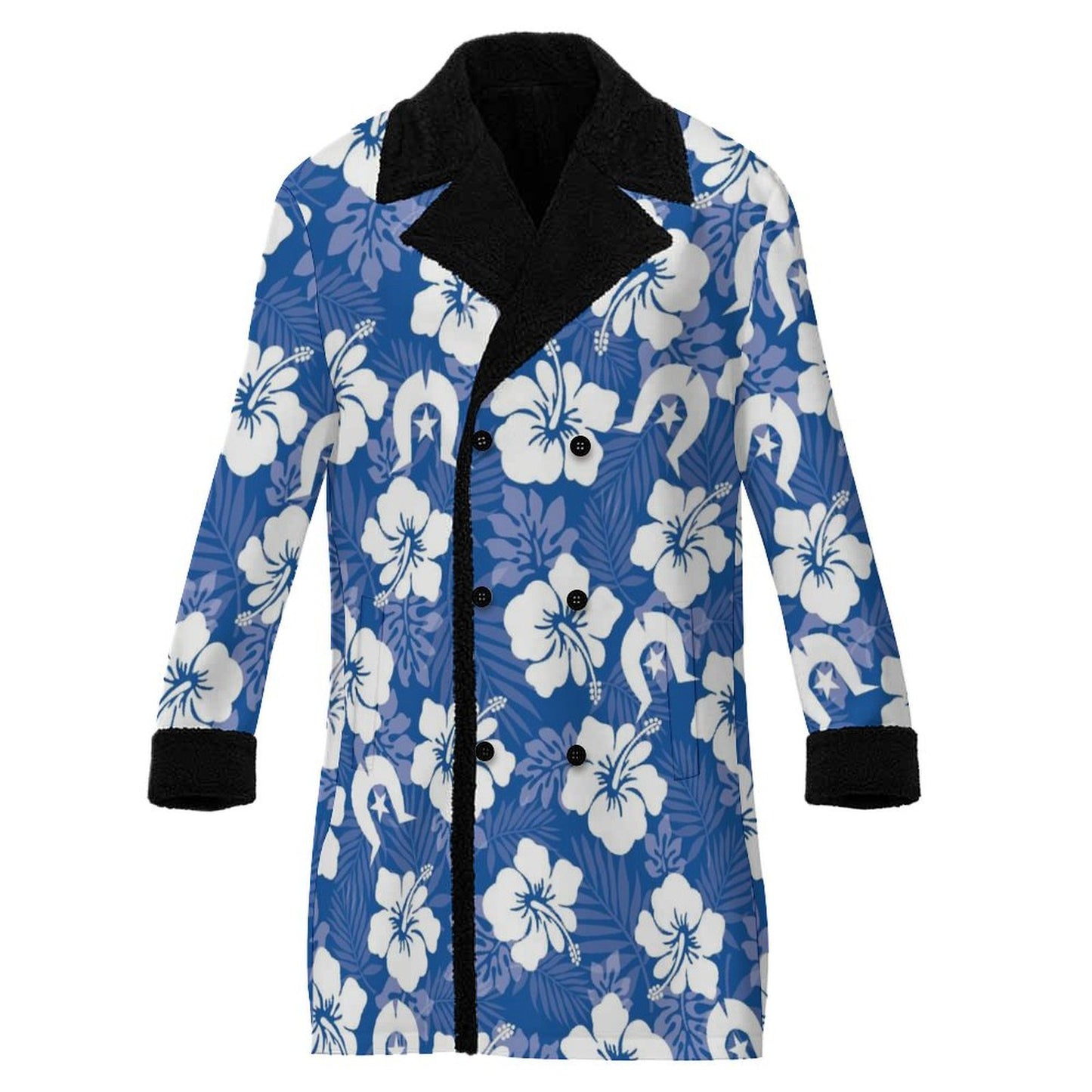 White Hibiscus and Dhari (Blue) on Men's Double Breasted Coat