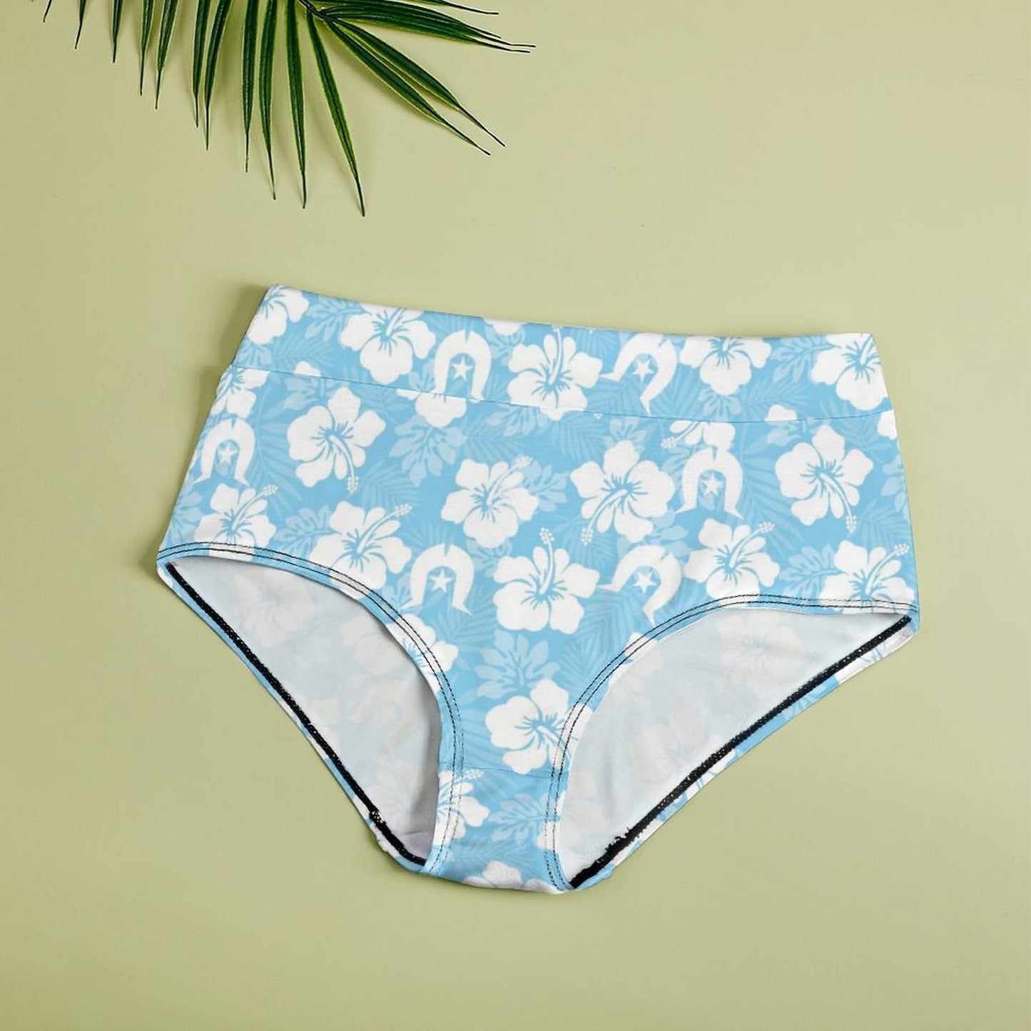 White Hibiscus and Dhari (blue) on Women's High-Rise Panties
