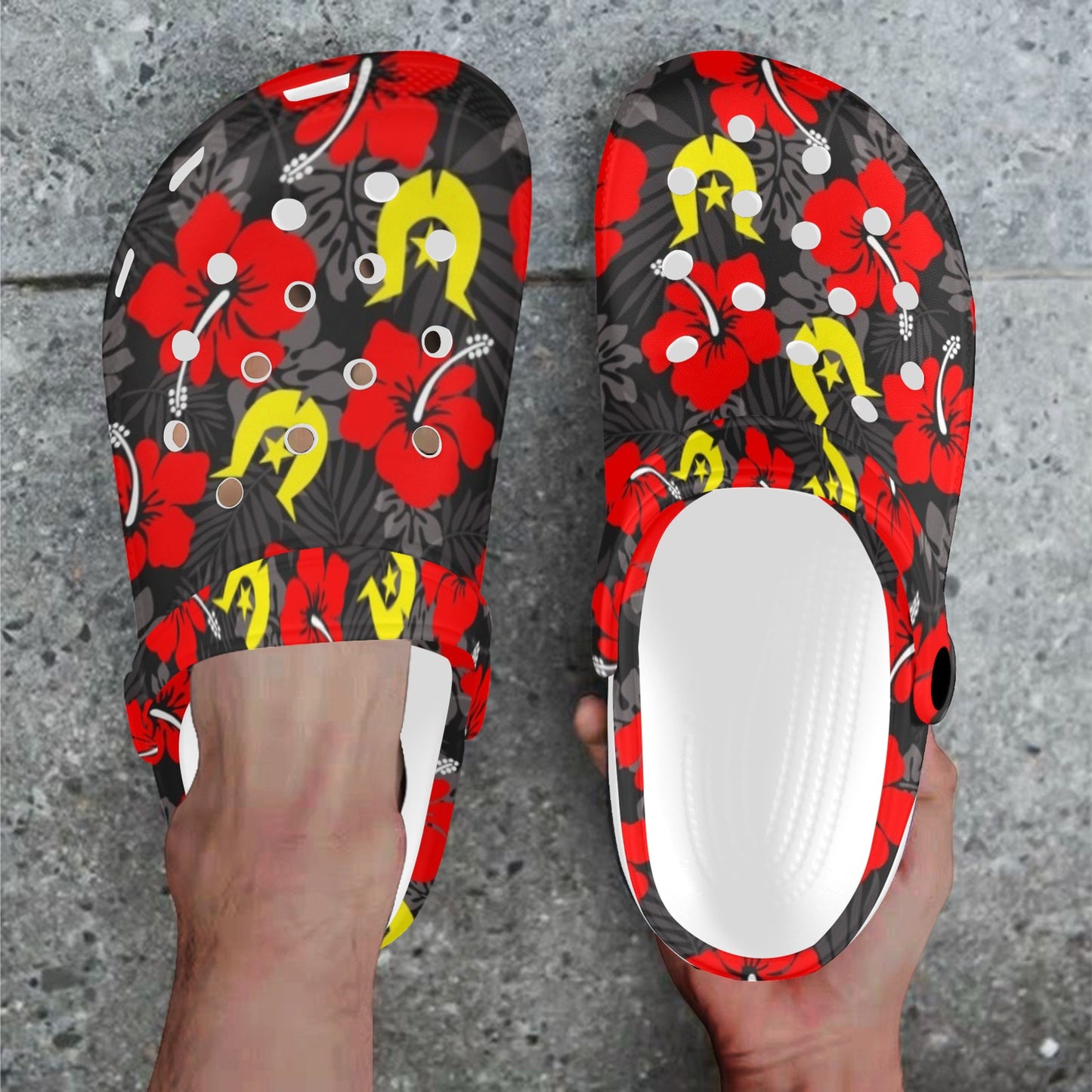 Royal Red Hibiscus with Yellow Dhari on Adults Clogs