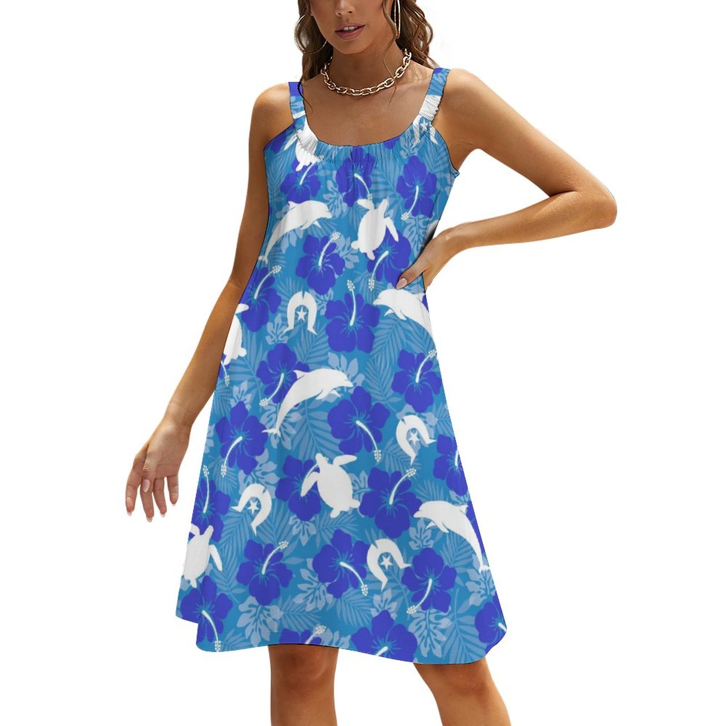White Hibiscus flowers with Dolphin, Turtle and Dhari (Royal blue) on Sleeveless Dress