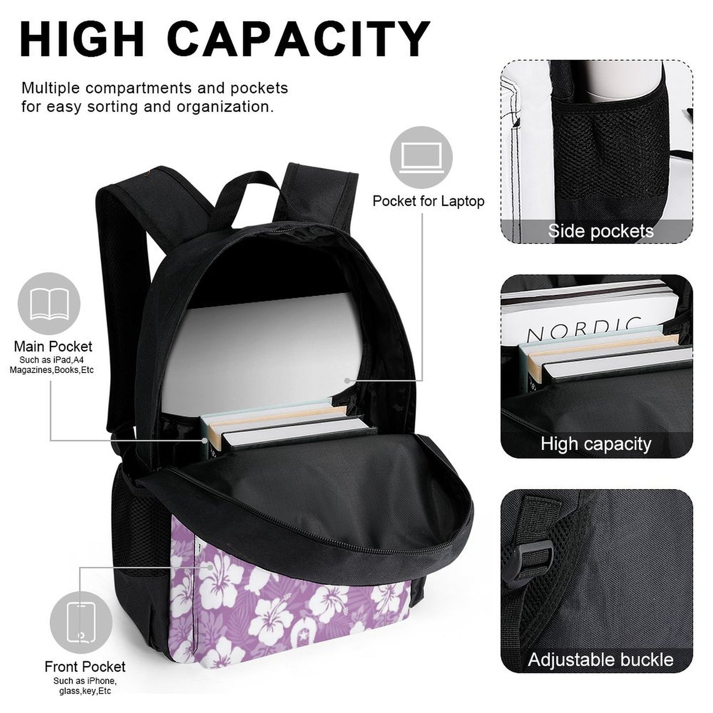 White hibiscus flowers with Dhari, Shark, turtle, and stingray (Purple) on Set of 3 Bags (Shoulder Bag Lunch Bag & Pencil Pouch)