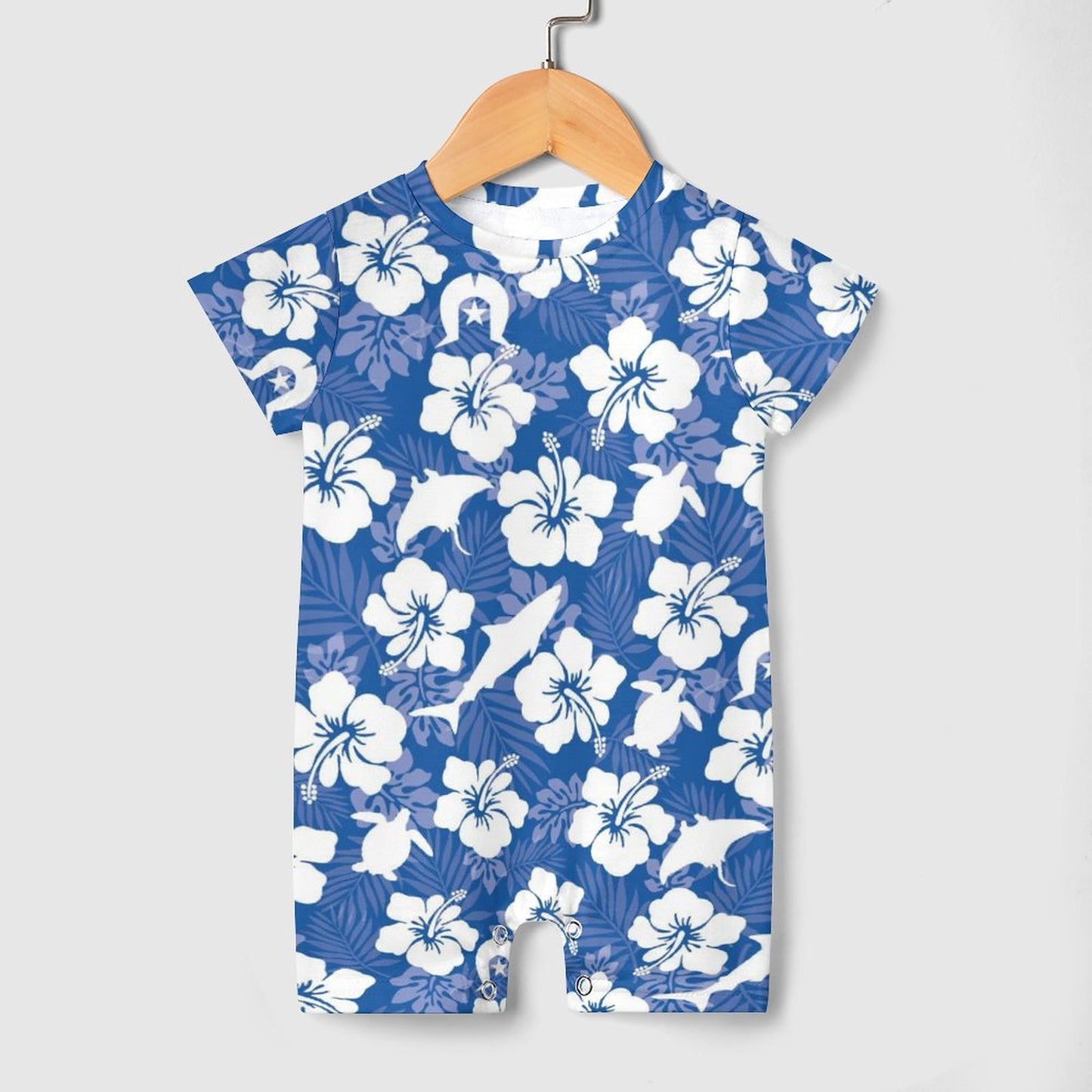 White hibiscus flowers with Dhari, Shark, turtle, and stingray (Blue) on Faux Cotton Short Sleeve Baby Bodysuit Romper