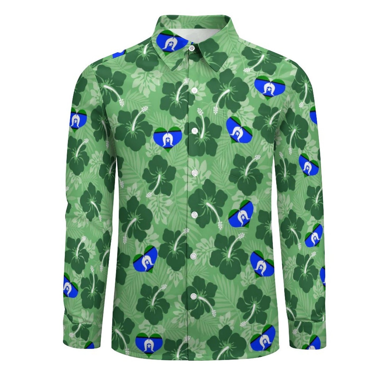 Hibiscus flowers with TSI Heart Flag (Sea Grass Green) on Men's Long Sleeve Shirt